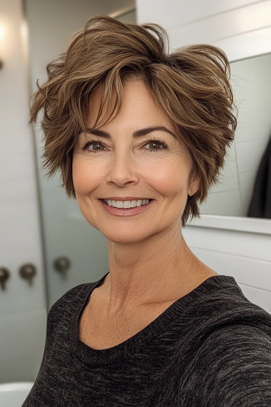 13. Messy Pixie Cut in Warm Brown (Super Short Haircuts For Older Women) - Super Short Haircuts For Older Women