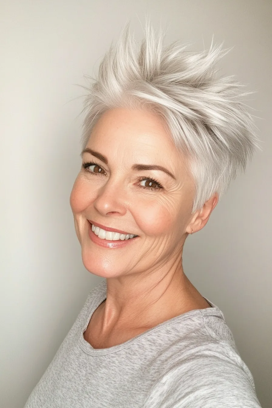5. Soft Spiky Pixie in Silver White (Super Short Haircuts For Older Women) - Super Short Haircuts For Older Women