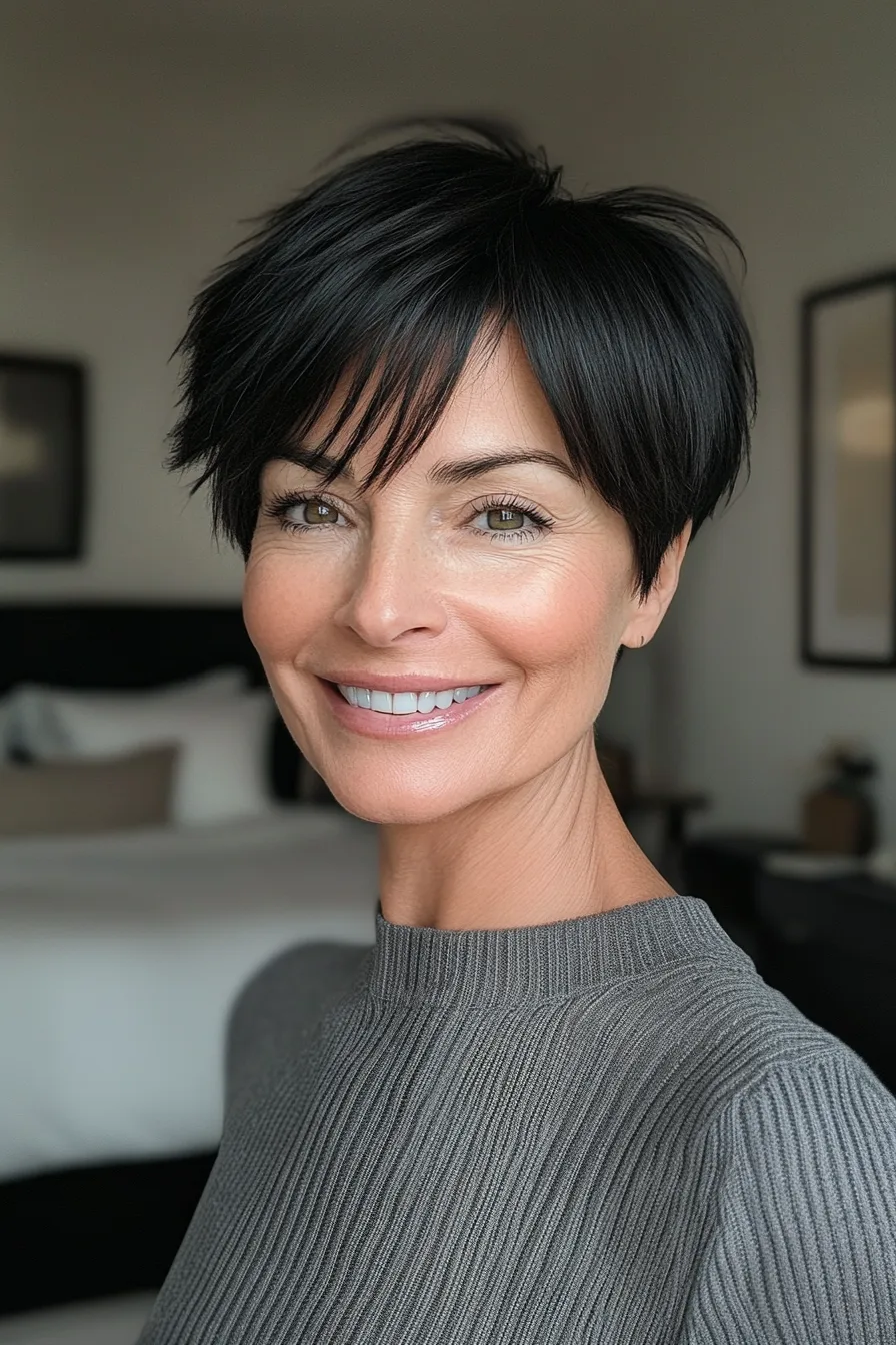 8. Side-Swept Pixie in Natural Black (Super Short Haircuts For Older Women) - Super Short Haircuts For Older Women