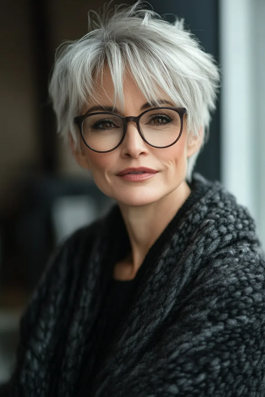 1. Feathered Gray Pixie with Wispy Layers (Pixie Haircuts For Women Over 60 With Glasses) - Pixie Haircuts For Women Over 60 With Glasses