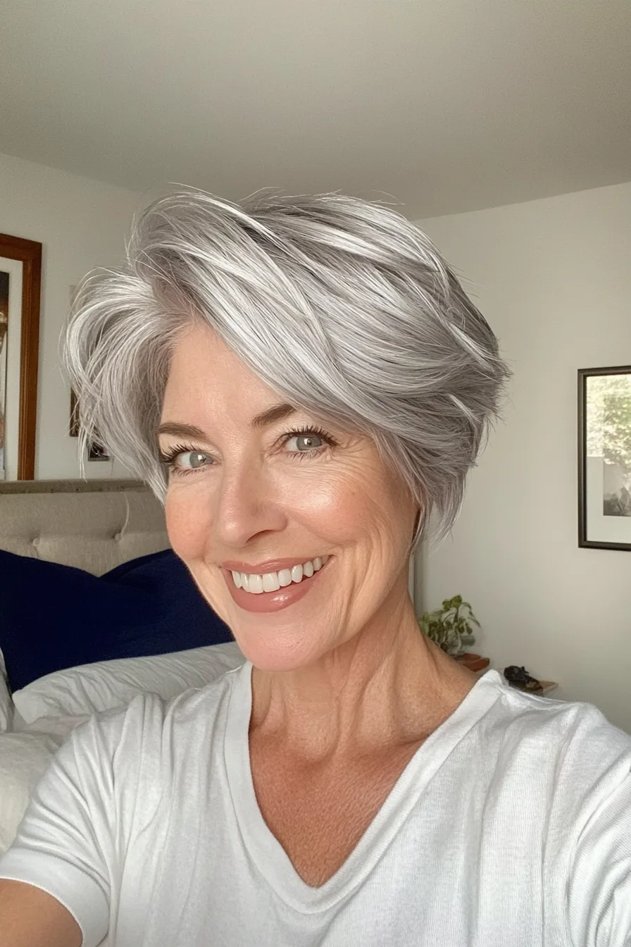 1. Silver Feathered Pixie with Tapered Back (Edgy Hairstyles For Women Over 60) - Edgy Hairstyles For Women Over 60