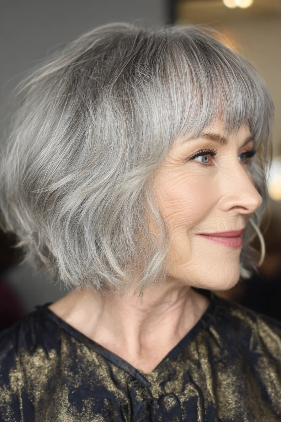 1. Soft Layered Bob with Wispy Bangs in Silver Gray (Medium Length Hairstyles For Women Over 60 With Bangs) - Medium Length Hairstyles For Women Over 60 With Bangs