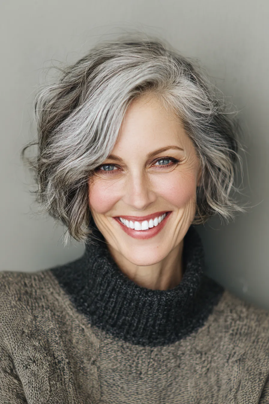 1. Textured Wavy Bob with Silver Highlights (Short Haircuts For Women Over 50 With Wavy Hair) - Short Haircuts For Women Over 50 With Wavy Hair