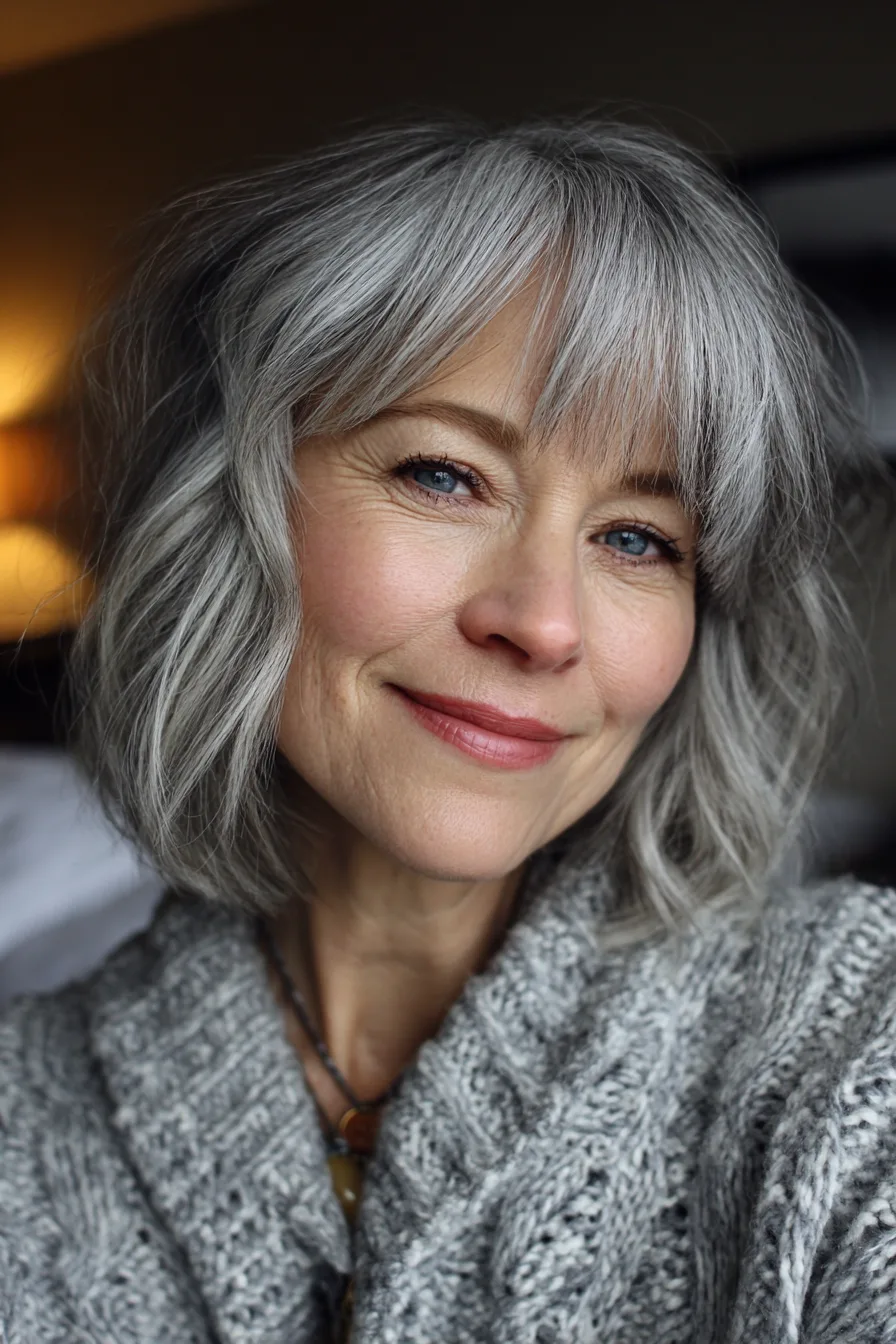 10. Layered Mid-Length Bob with Choppy Bangs in Salt and Pepper (Medium Length Hairstyles For Women Over 60 With Bangs) - Medium Length Hairstyles For Women Over 60 With Bangs
