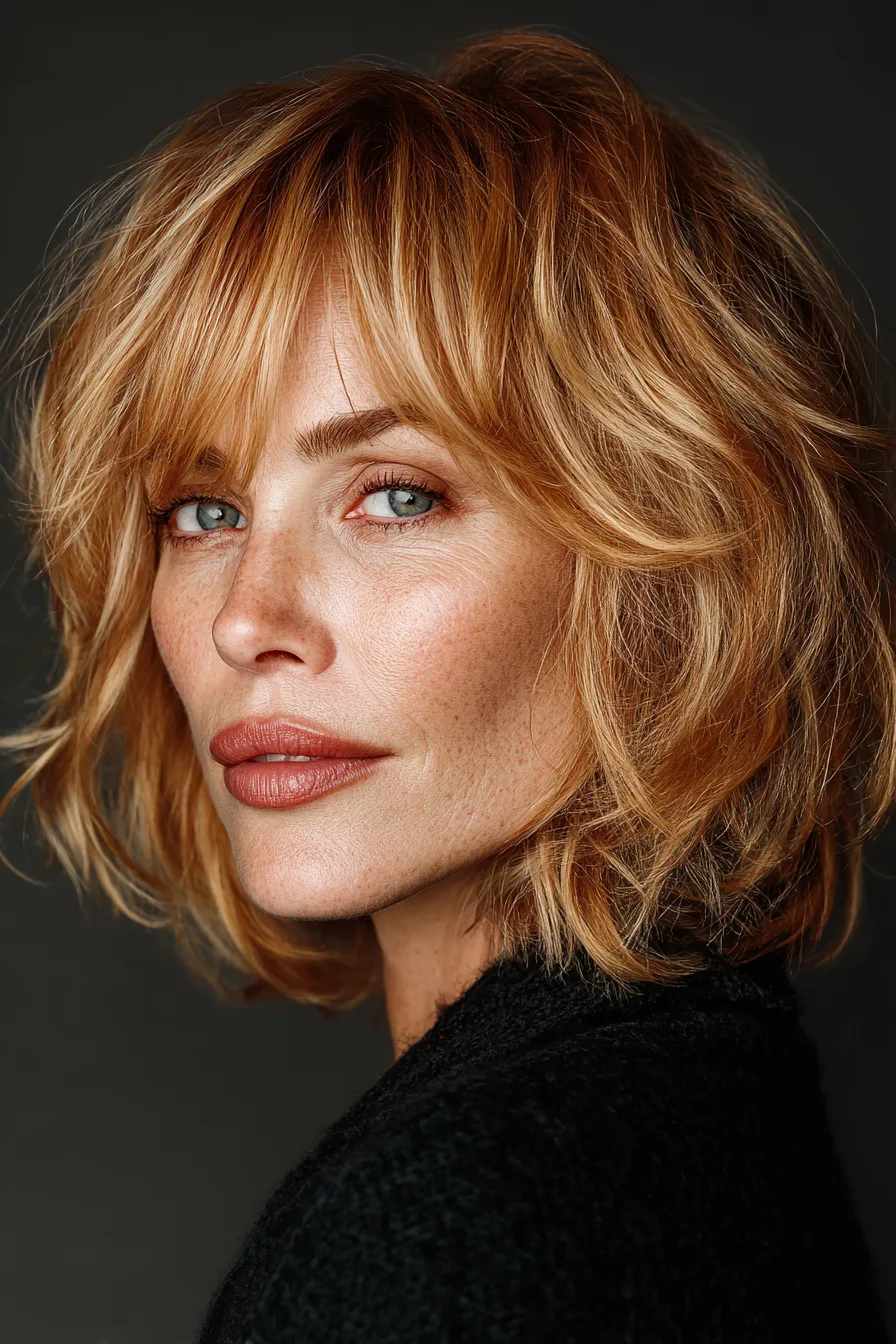 11. Face-Framing Lob with Soft Bangs in Strawberry Blonde (Medium Length Hairstyles For Women Over 60 With Bangs) - Medium Length Hairstyles For Women Over 60 With Bangs