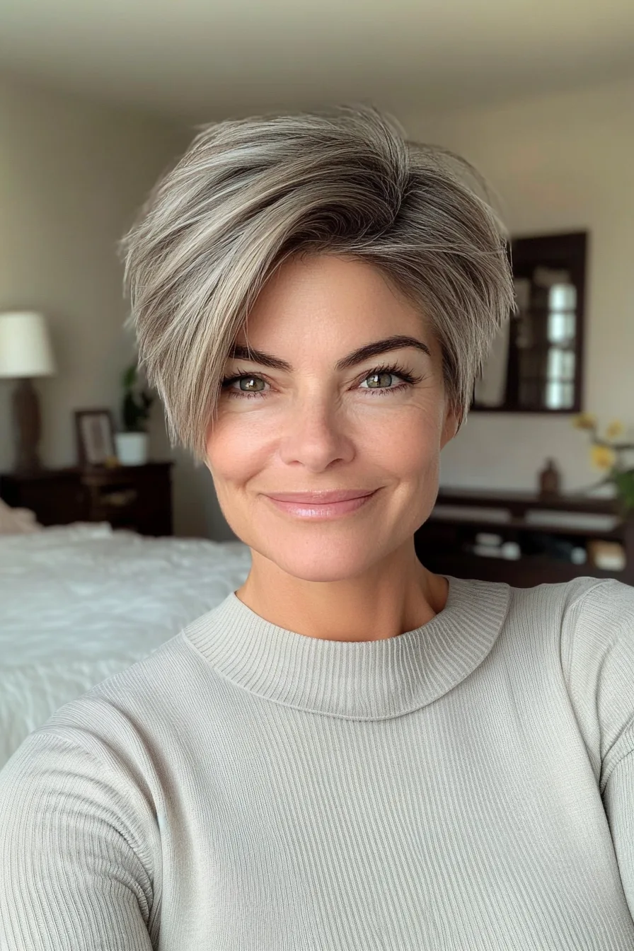 11. Feathered Pixie with Ash Blonde (Short Hairstyles For Thick Hair For Women Over 50) - Short Hairstyles For Thick Hair For Women Over 50