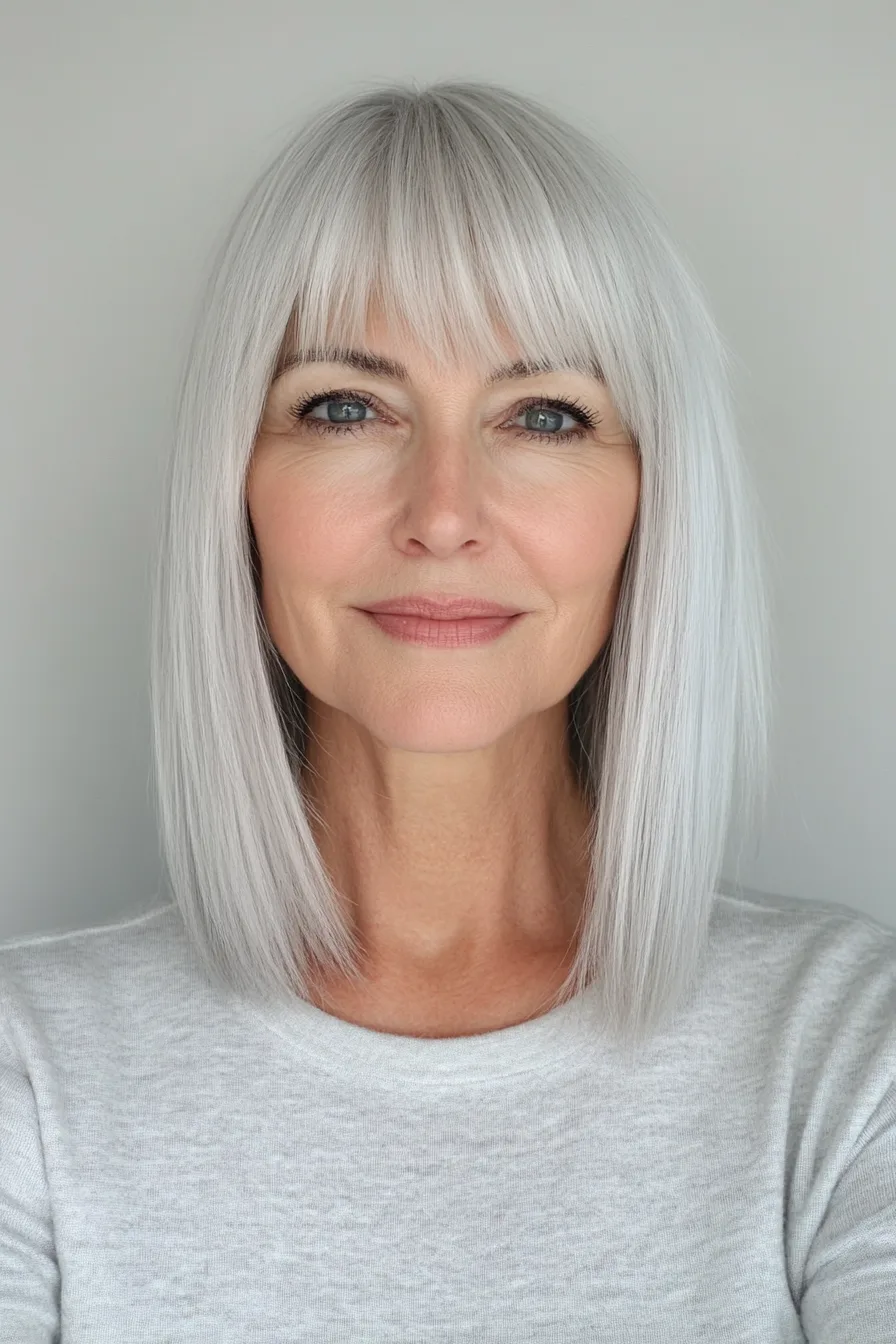 11. Icy Platinum Blunt Cut with Wispy Bangs (Blunt Haircuts For Women Over 60) - Blunt Haircuts For Women Over 60