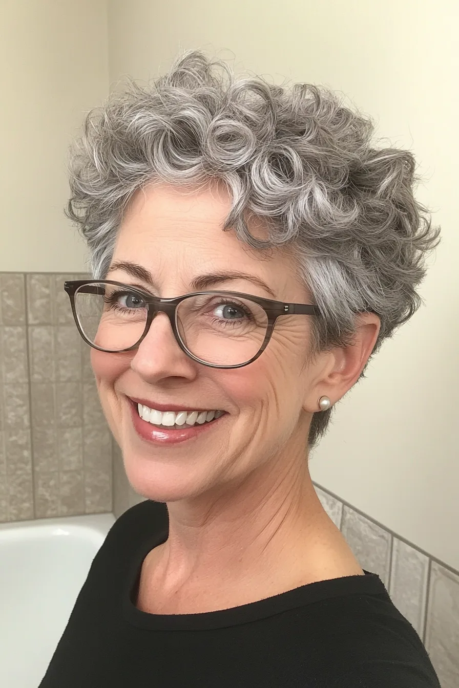 11. Natural Gray Soft Curly Pixie (Pixie Haircuts For Women Over 60 With Glasses) - Pixie Haircuts For Women Over 60 With Glasses