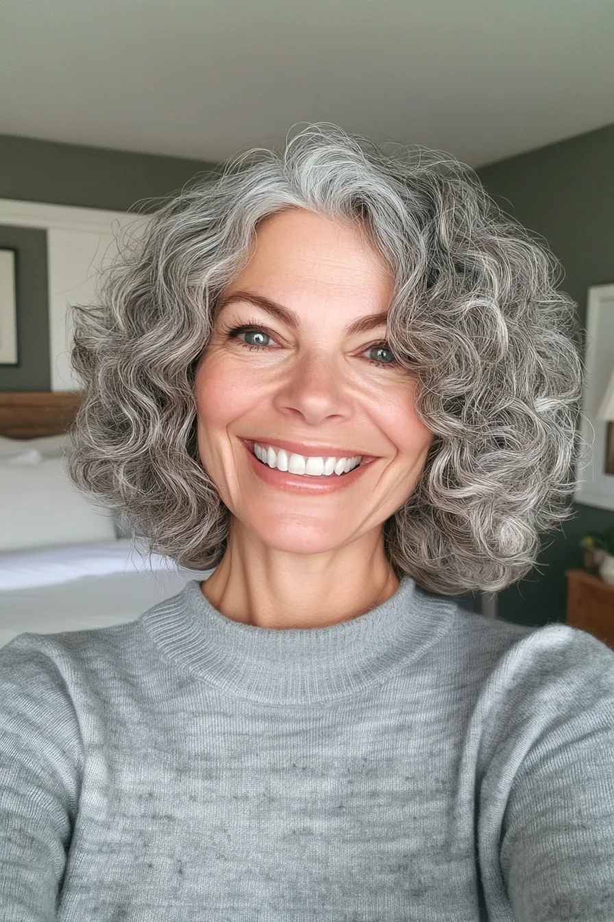12. Curly Bob with Natural Gray (Short Hairstyles For Thick Hair For Women Over 50) - Short Hairstyles For Thick Hair For Women Over 50