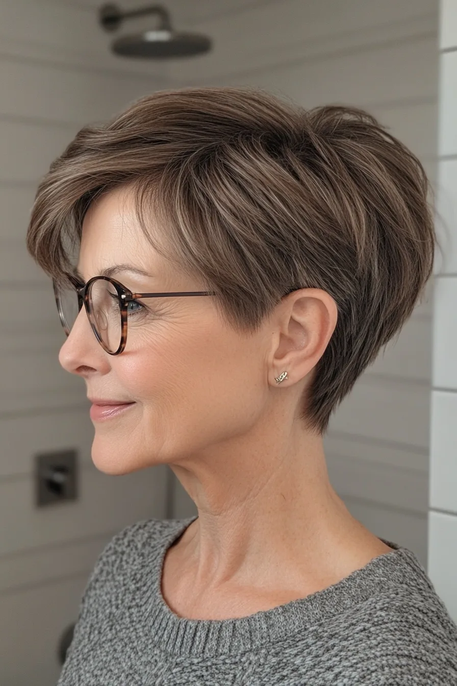 12. Deep Brown Polished Pixie with Neat Edges (Pixie Haircuts For Women Over 60 With Glasses) - Pixie Haircuts For Women Over 60 With Glasses