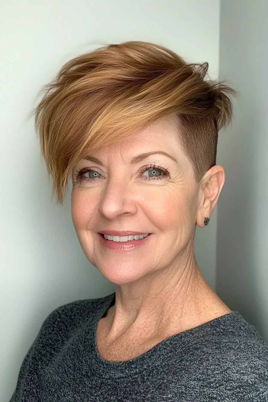 12. Golden Brown Swooped Undercut Pixie (Undercut Hairstyles For Women Over 50) - Undercut Hairstyles For Women Over 50