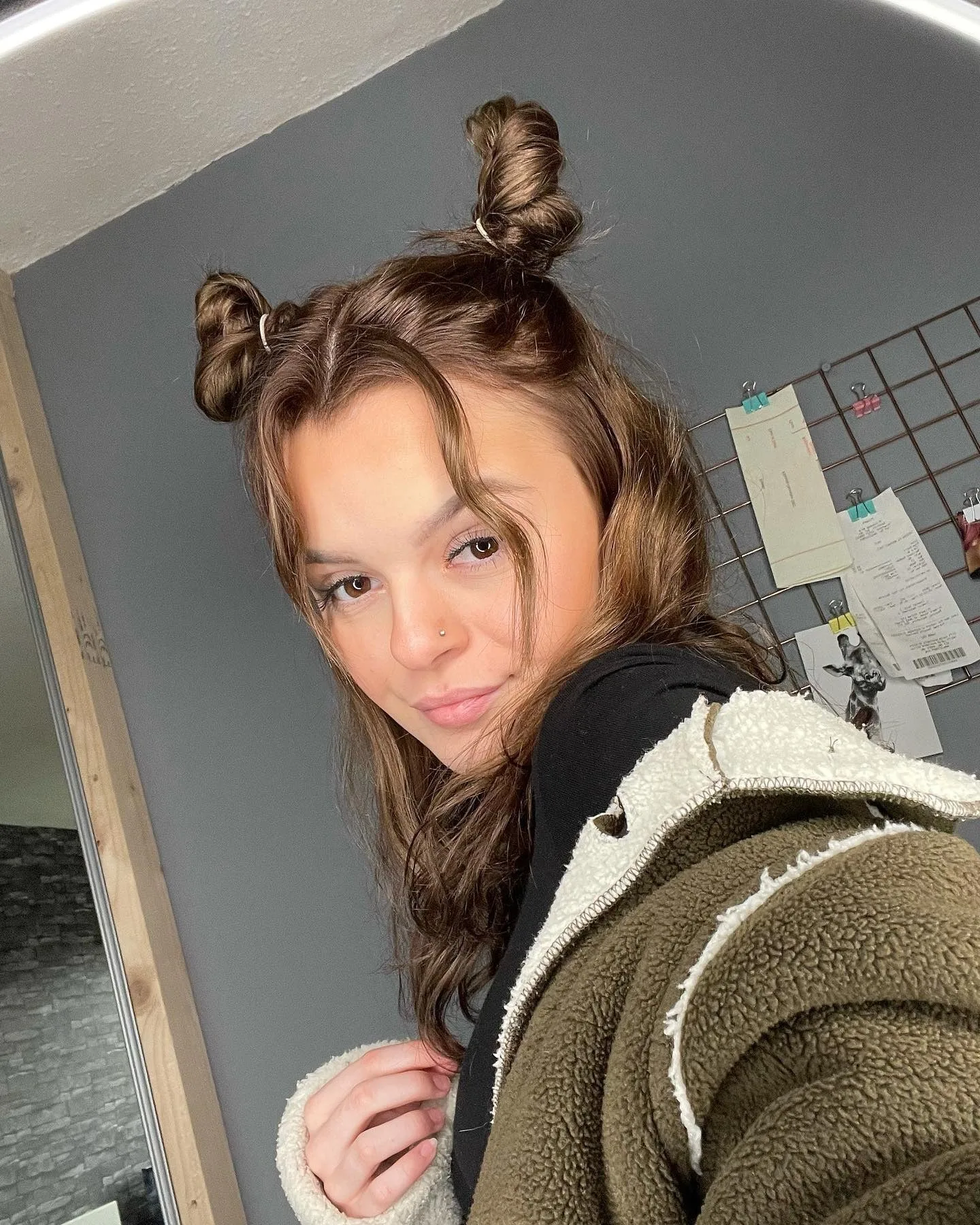 12. Messy Half-Up Space Buns on Warm Brown Hair (Space Buns Hairstyles)