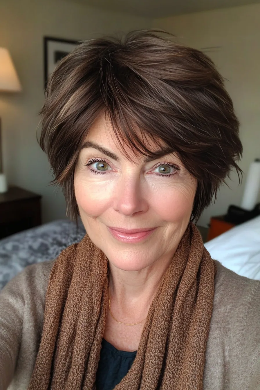 12. Pixie Bob with Cocoa Brown Texture (Short Wispy Haircuts Older Women) - Short Wispy Haircuts Older Women