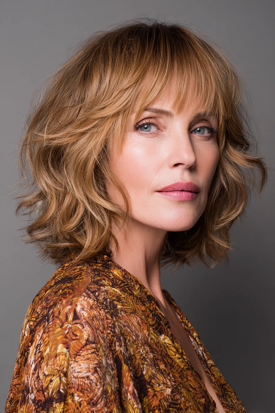 12. Sculpted Shag with Piecey Bangs in Light Golden Brown (Medium Length Hairstyles For Women Over 60 With Bangs) - Medium Length Hairstyles For Women Over 60 With Bangs