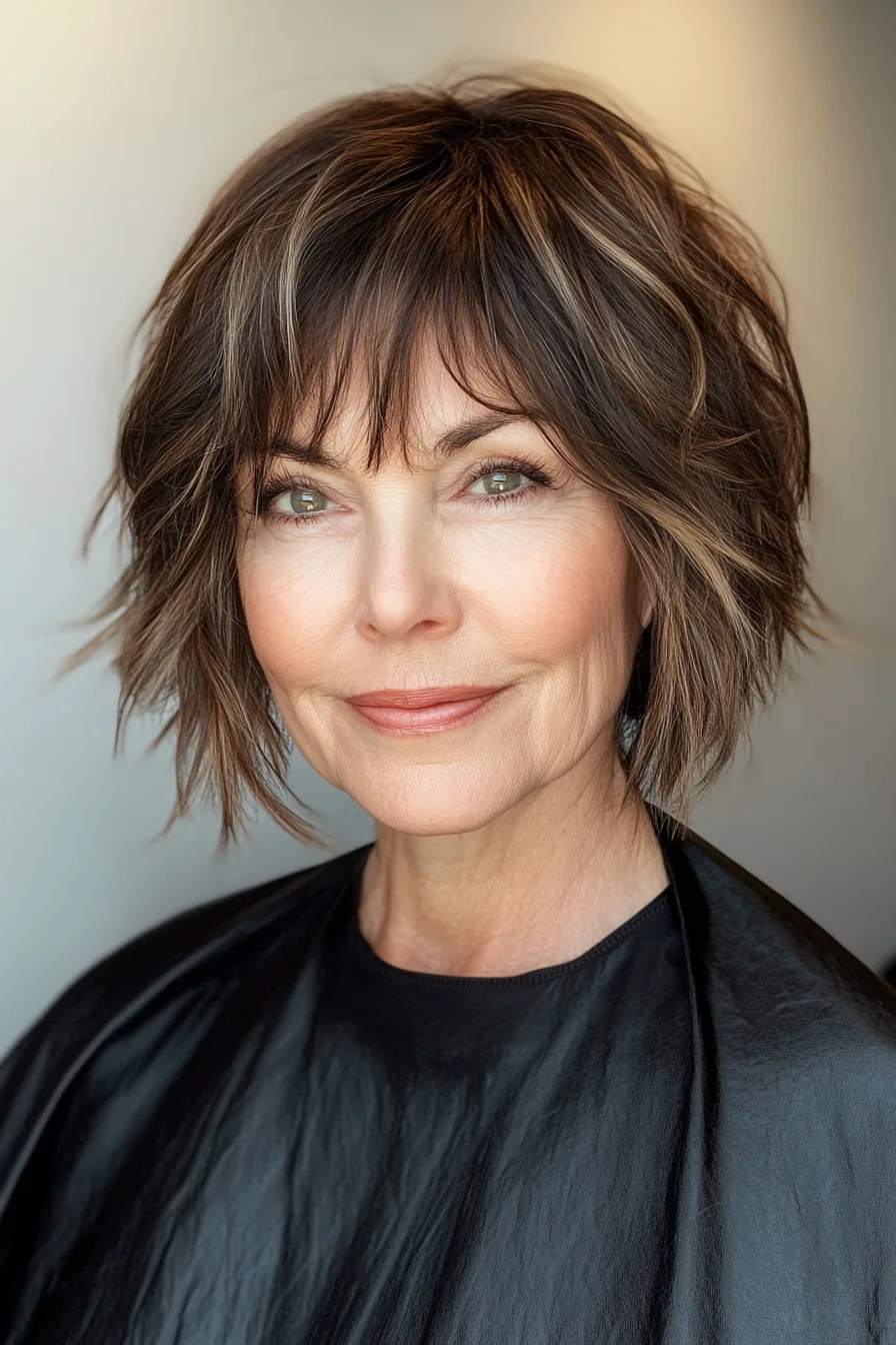 12. Warm Brown Shaggy Crop with Fringe (Edgy Hairstyles For Women Over 60) - Edgy Hairstyles For Women Over 60