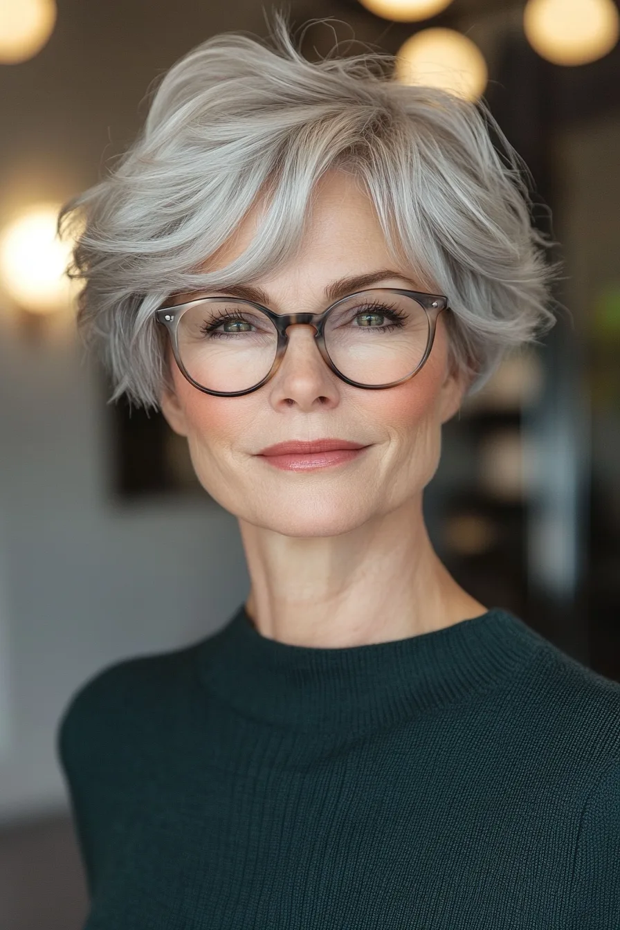 13. Ash Silver Wavy Pixie Bob (Pixie Haircuts For Women Over 60 With Glasses) - Pixie Haircuts For Women Over 60 With Glasses