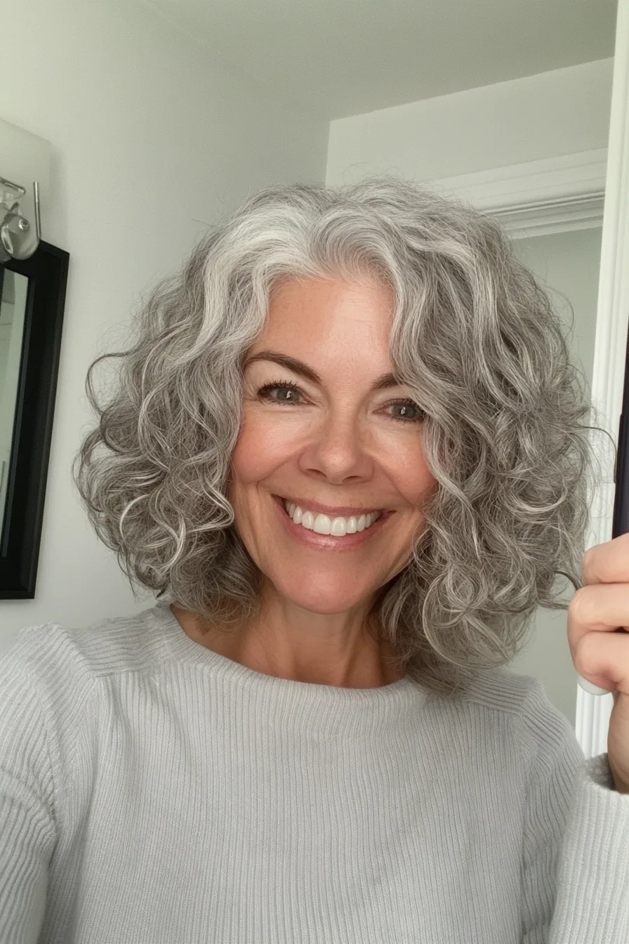 13. Curly Bob with Natural Gray Blending (Easy Haircuts For Women Over 40) - Easy Haircuts For Women Over 40