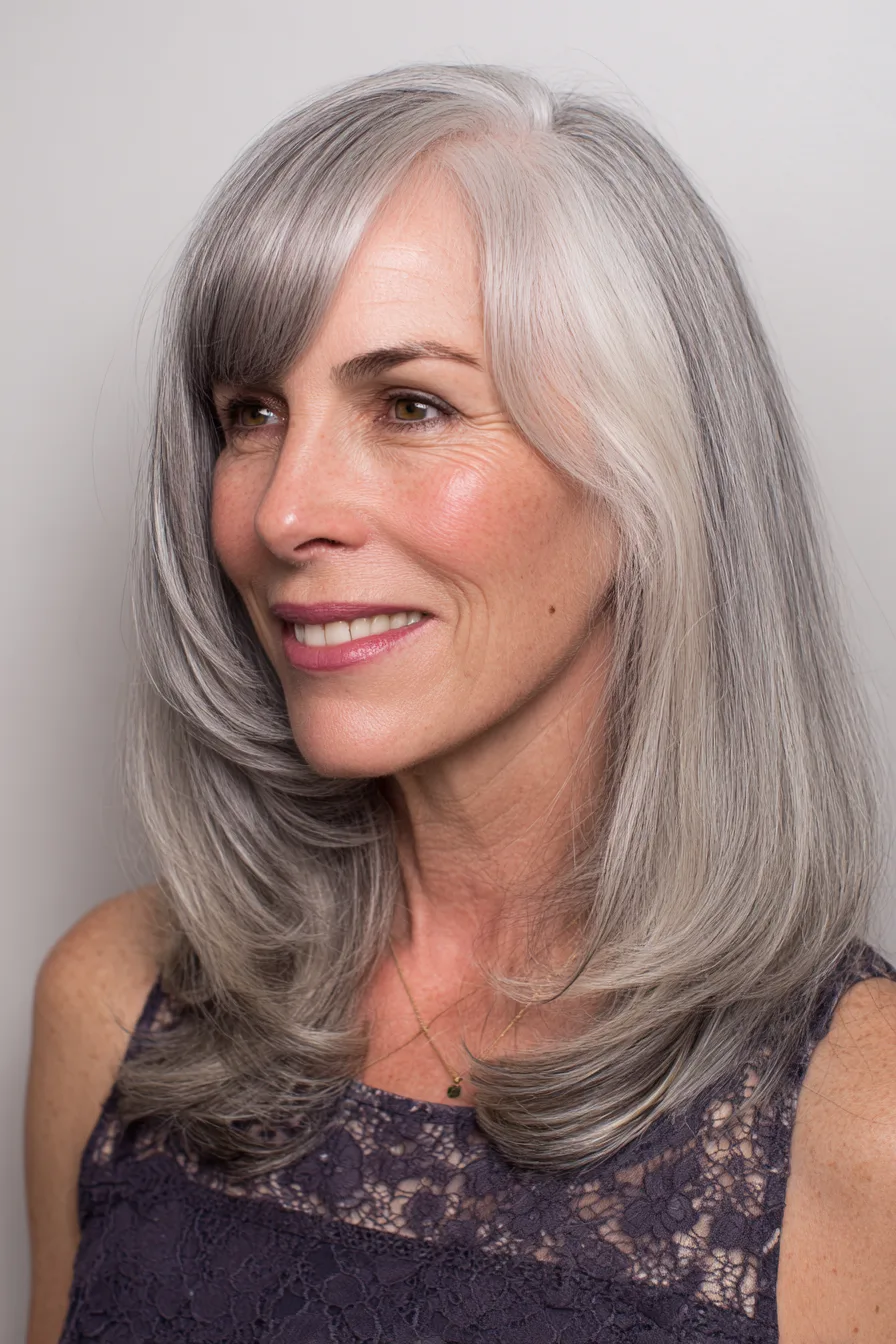 13. Curved Midi Cut with Rounded Bangs in Classic Gray (Medium Length Hairstyles For Women Over 60 With Bangs) - Medium Length Hairstyles For Women Over 60 With Bangs