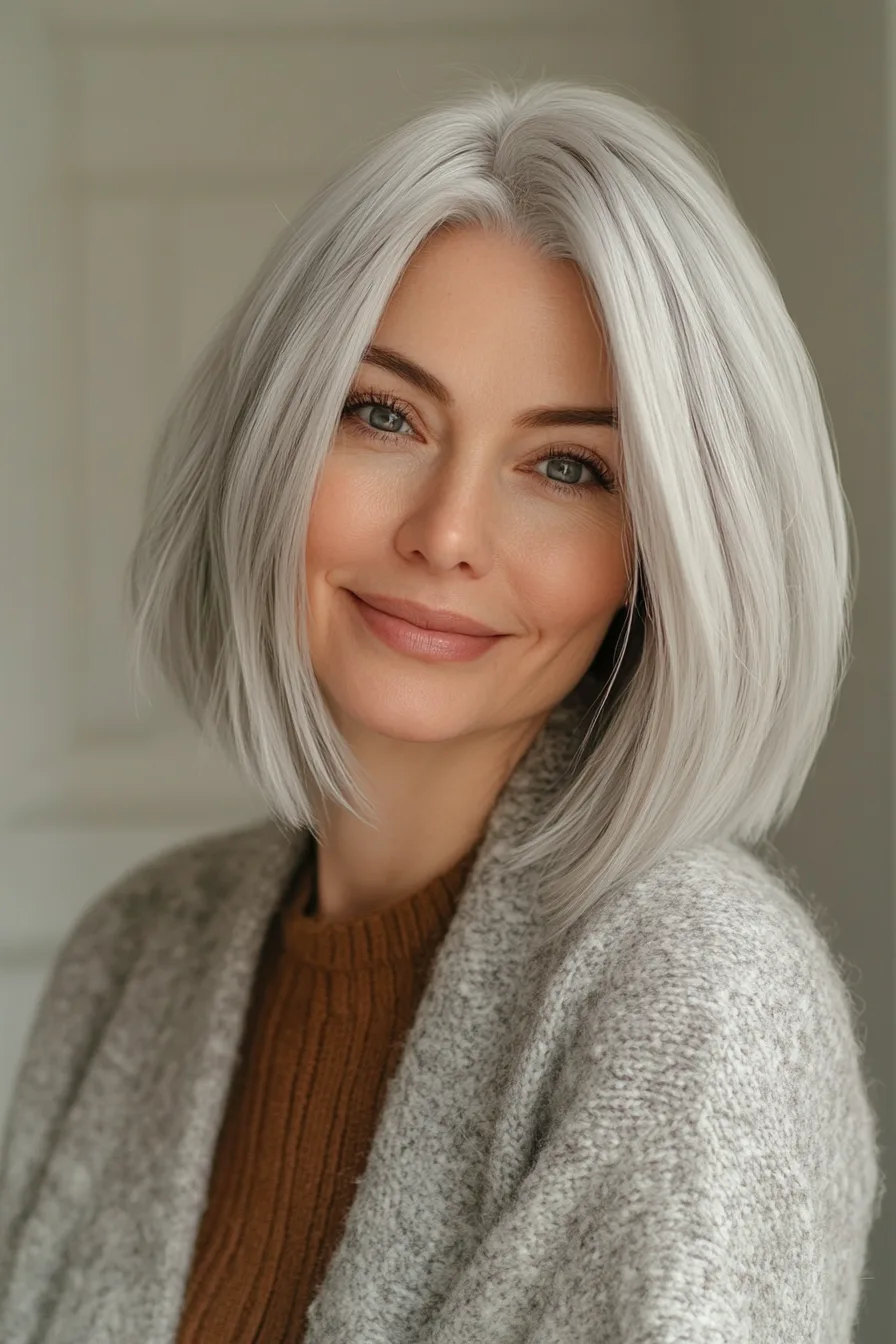 13. Icy Silver Blunt Cut with Internal Layers (Edgy Hairstyles For Women Over 60) - Edgy Hairstyles For Women Over 60
