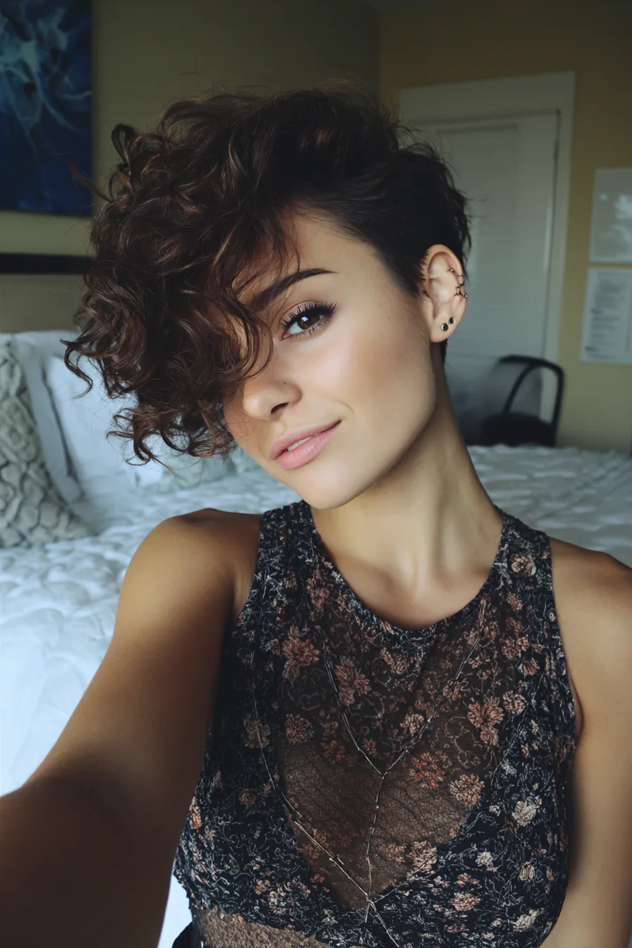 13. Mahogany Curled Side-Part Pixie (Short Curled Hairstyles) - Short Curled Hairstyles