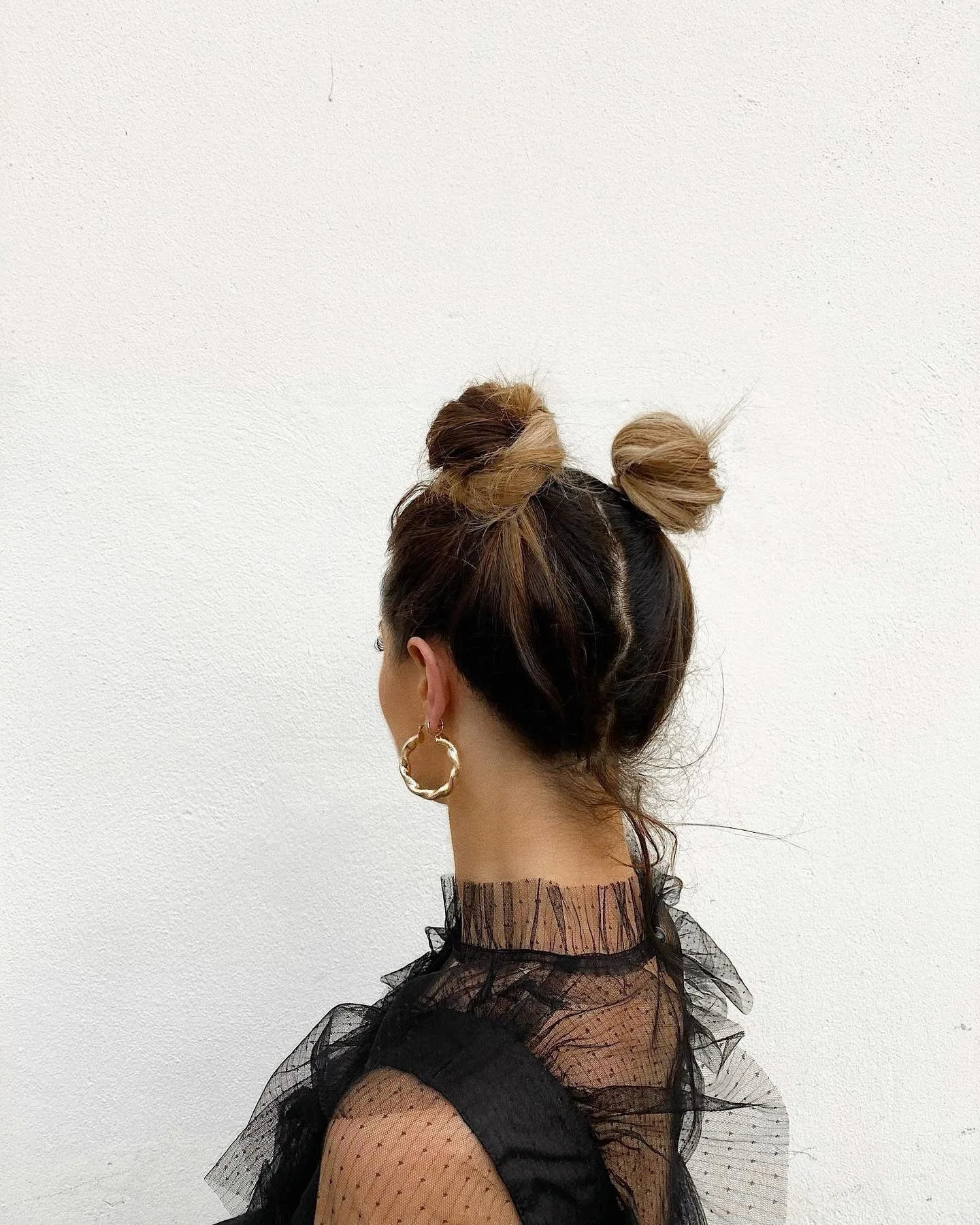 13. Sleek Double Buns on Chestnut Balayage Hair (Space Buns Hairstyles)