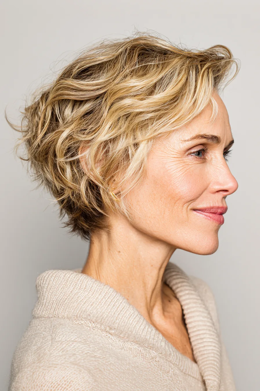 13. Wavy Pixie Cut with Subtle Highlights (Short Haircuts For Women Over 50 With Wavy Hair) - Short Haircuts For Women Over 50 With Wavy Hair