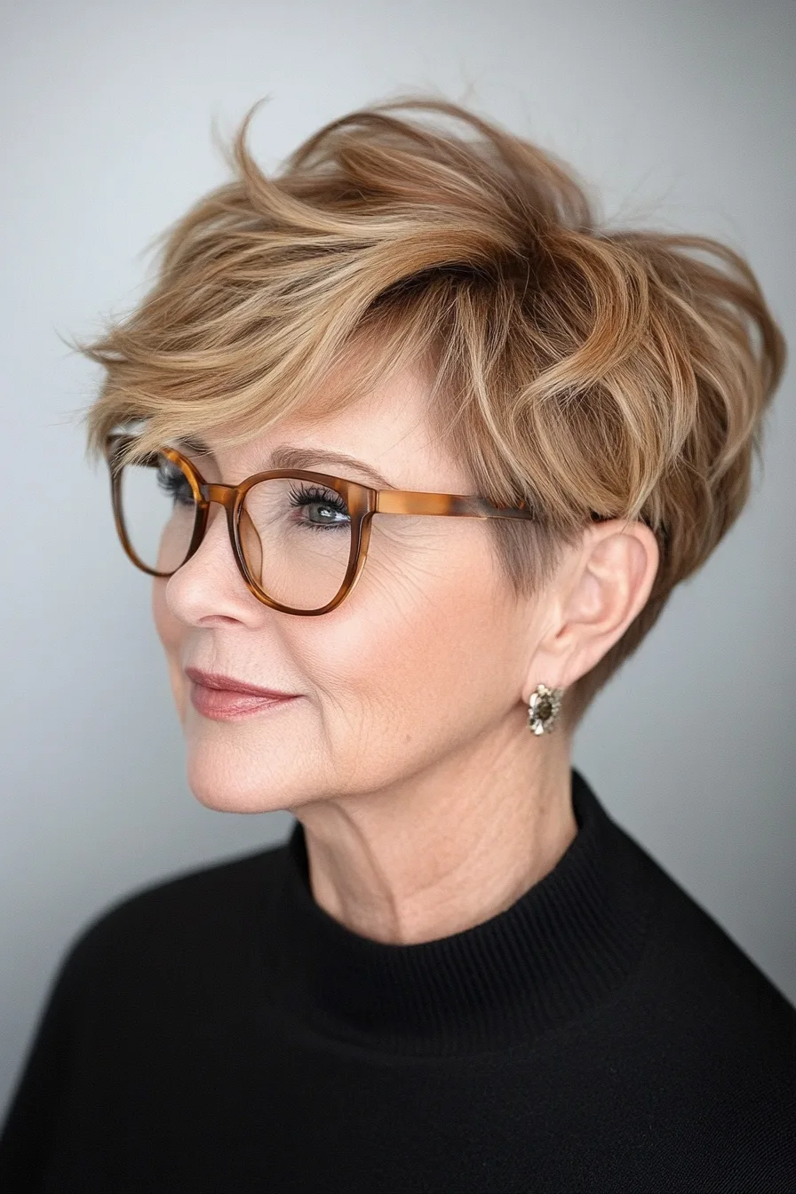 14. Golden Brown Pixie with Flipped Layers (Pixie Haircuts For Women Over 60 With Glasses) - Pixie Haircuts For Women Over 60 With Glasses