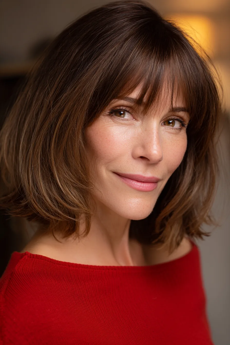 14. Shoulder-Length Flip-Out Cut with Straight Bangs in Rich Brunette (Medium Length Hairstyles For Women Over 60 With Bangs) - Medium Length Hairstyles For Women Over 60 With Bangs