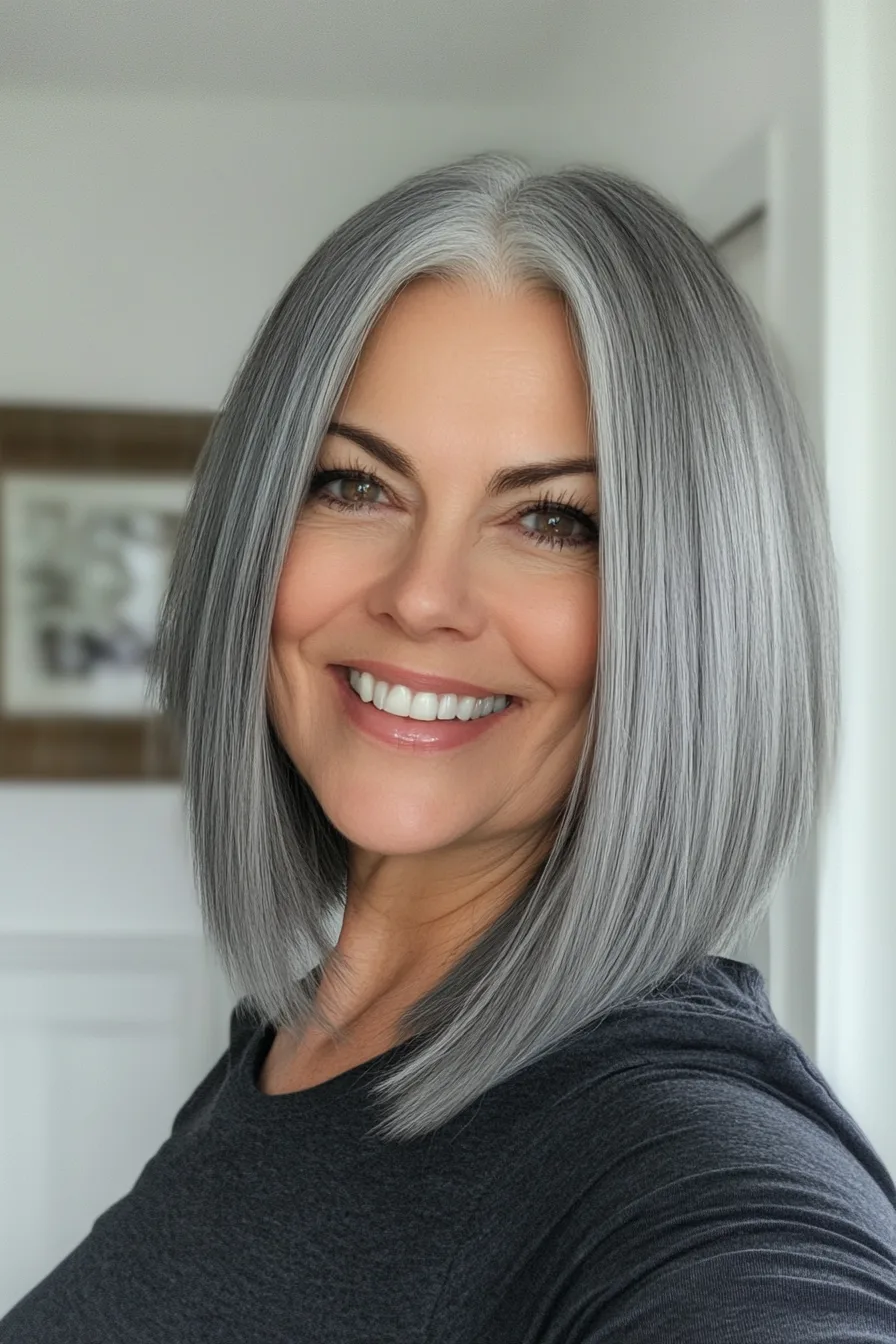 14. Slate Gray Long Blunt Bob with Volume Boost (Blunt Haircuts For Women Over 60) - Blunt Haircuts For Women Over 60