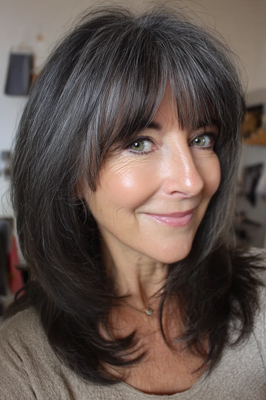 15. Tapered Midi Shag with Feathered Fringe in Soft Black (Medium Length Hairstyles For Women Over 60 With Bangs) - Medium Length Hairstyles For Women Over 60 With Bangs