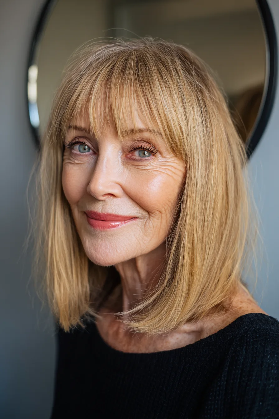 16. Angled Lob with Eye-Grazing Bangs in Honey Blonde (Medium Length Hairstyles For Women Over 60 With Bangs) - Medium Length Hairstyles For Women Over 60 With Bangs