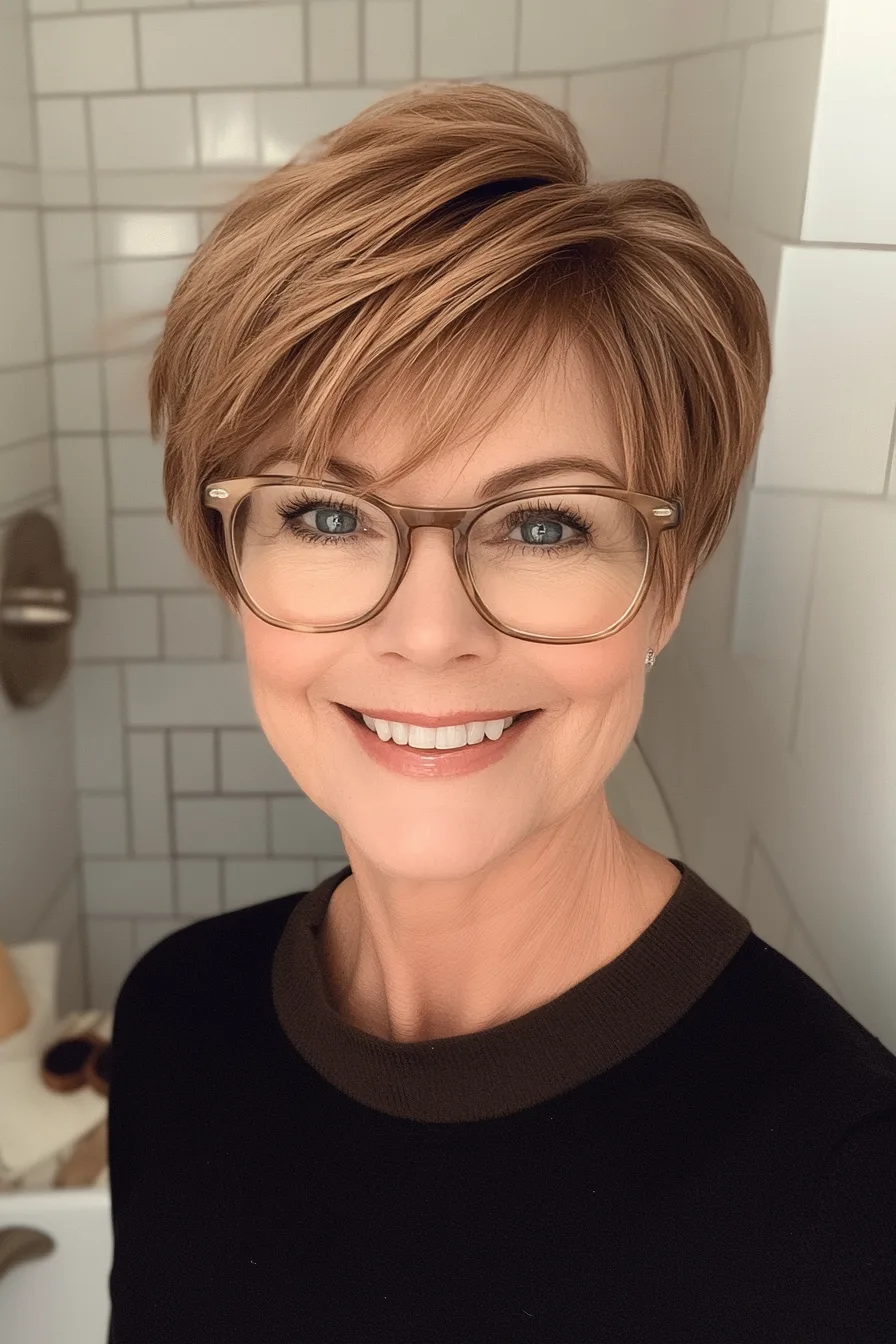 16. Caramel Pixie with Side-Swept Bangs (Pixie Haircuts For Women Over 60 With Glasses) - Pixie Haircuts For Women Over 60 With Glasses