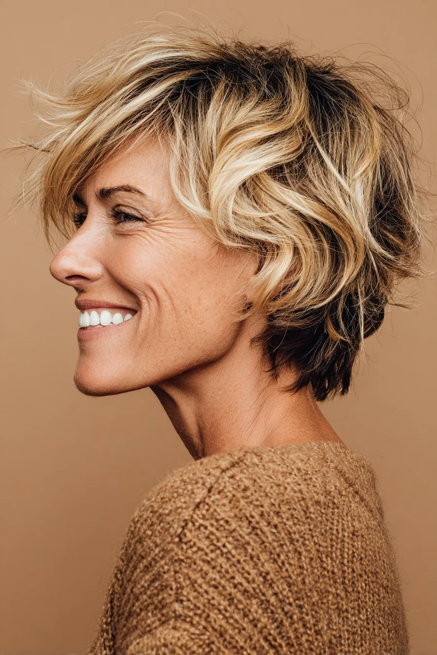 16. Layered Crop with Golden Blonde Balayage (Short Haircuts For Women Over 50 With Wavy Hair) - Short Haircuts For Women Over 50 With Wavy Hair