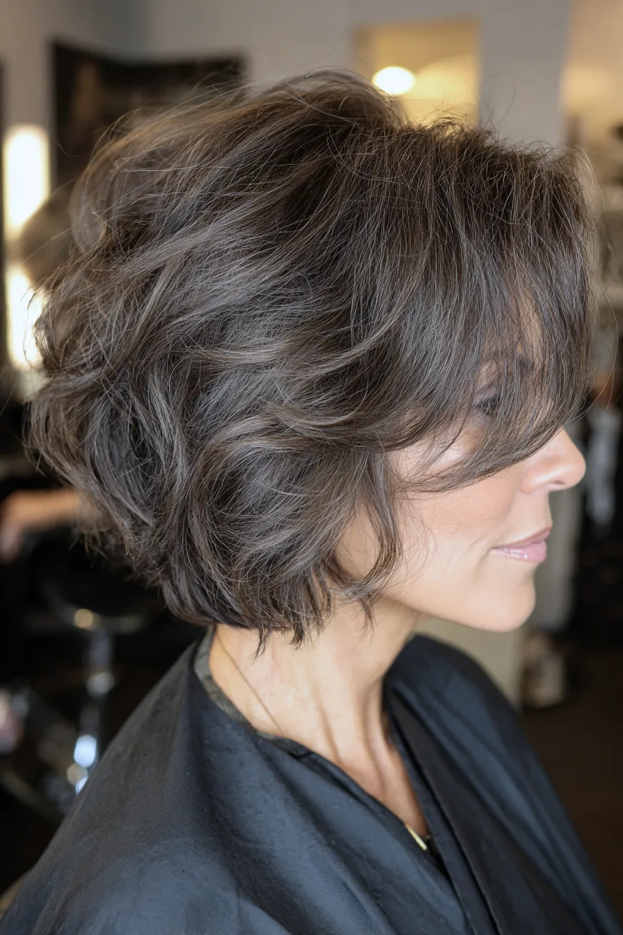 16. Layered Messy Bob in Dark Ash Brown (Short Messy Hairstyles For Women Over 50) - Short Messy Hairstyles For Women Over 50