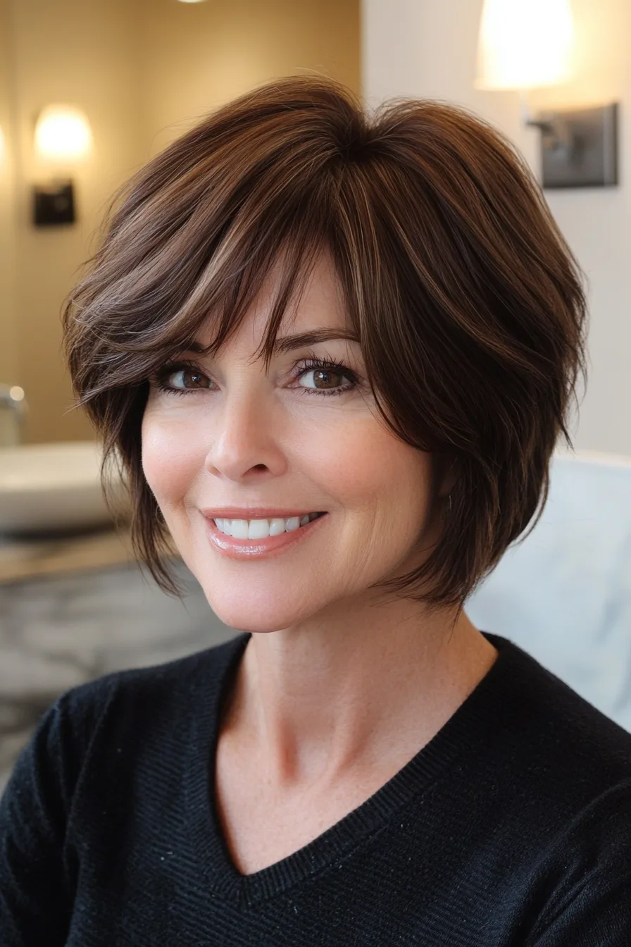 16. Side-Swept Crop with Rich Brunette (Short Hairstyles For Thick Hair For Women Over 50) - Short Hairstyles For Thick Hair For Women Over 50