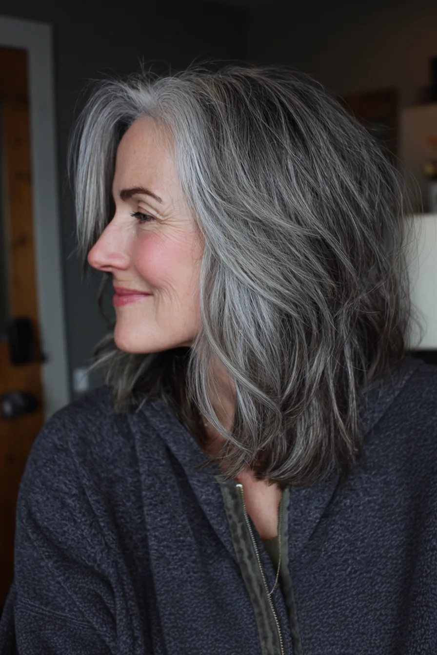 16. Smoky Silver Long Shag (Fall Haircuts For Women Over 50) - Fall Haircuts For Women Over 50