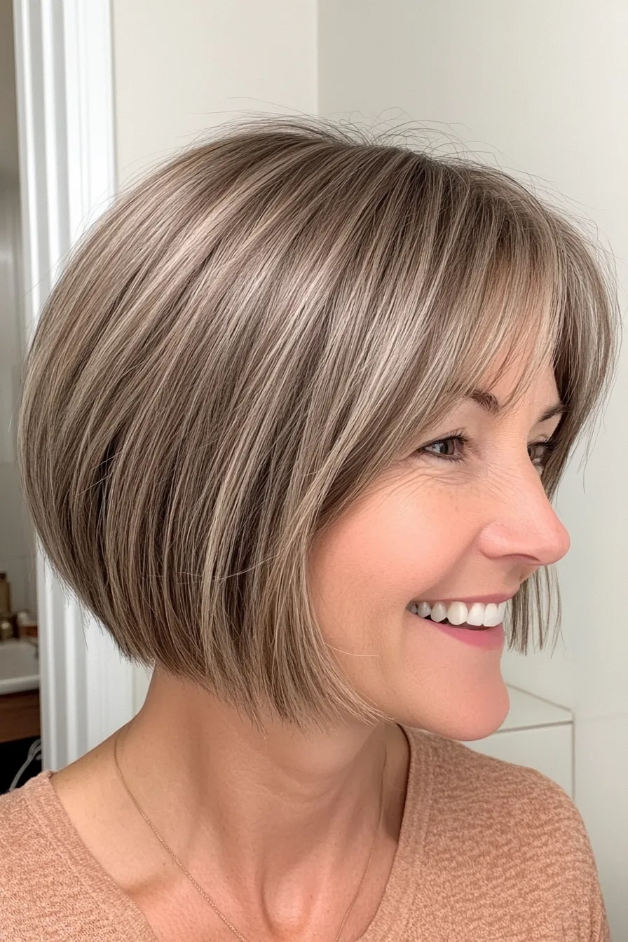 16. Wispy Bangs with a Sandy Brunette Bob (Easy Haircuts For Women Over 40) - Easy Haircuts For Women Over 40