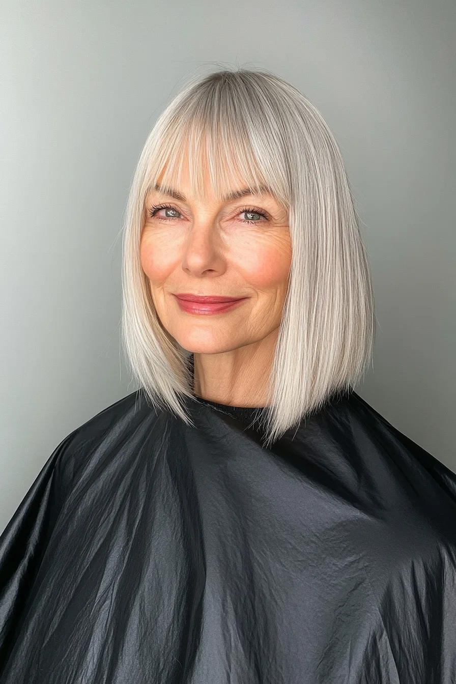 17. Ash Blonde Shoulder-Length Blunt with Curtain Bangs (Blunt Haircuts For Women Over 60) - Blunt Haircuts For Women Over 60