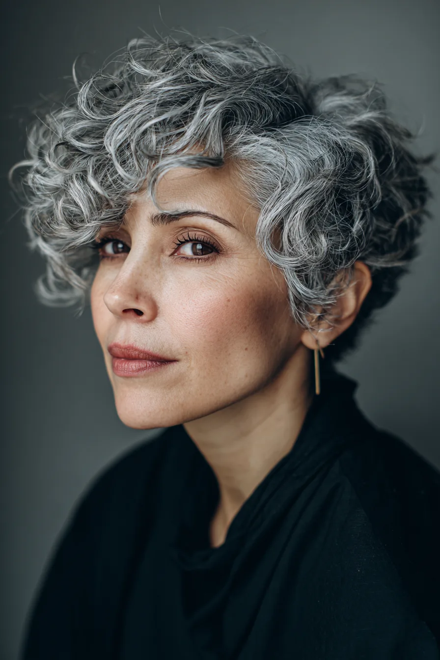 17. Ash Gray Layered Curl Pixie (Short Curled Hairstyles) - Short Curled Hairstyles