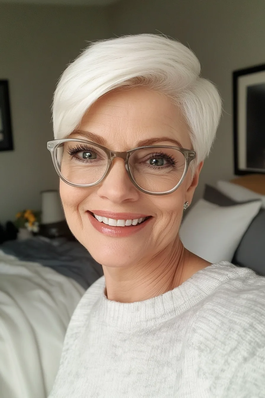 17. Classic White Pixie with Clean Lines (Pixie Haircuts For Women Over 60 With Glasses) - Pixie Haircuts For Women Over 60 With Glasses