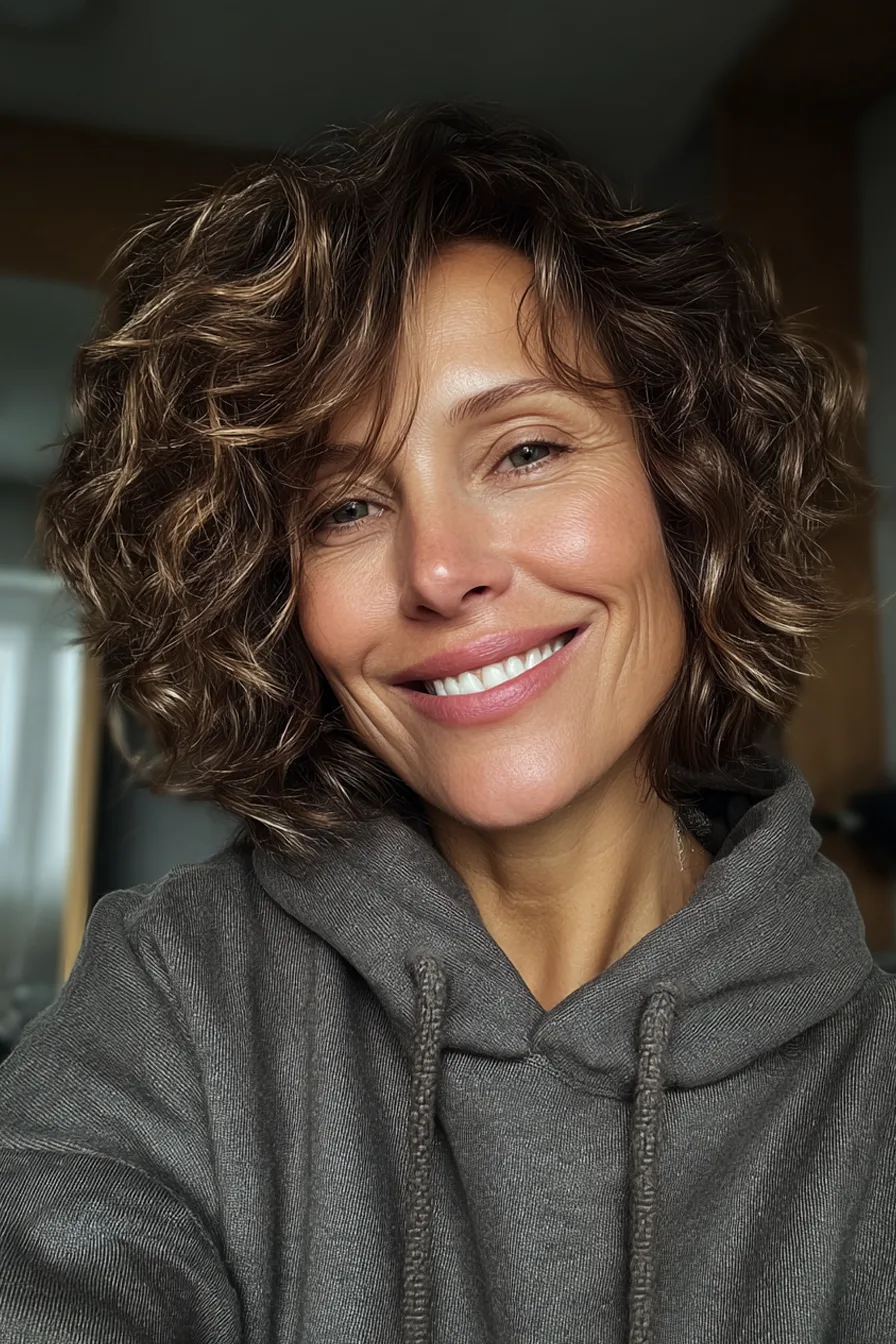 17. Curly Wavy Bob with Dark Mocha Base (Short Haircuts For Women Over 50 With Wavy Hair) - Short Haircuts For Women Over 50 With Wavy Hair