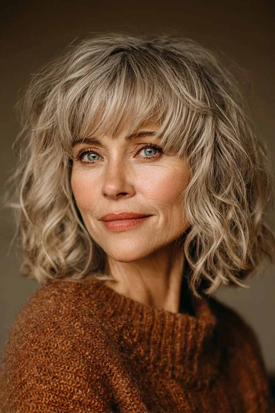 17. Wavy Midi Cut with Thick Fringe in Beige Blonde (Medium Length Hairstyles For Women Over 60 With Bangs) - Medium Length Hairstyles For Women Over 60 With Bangs