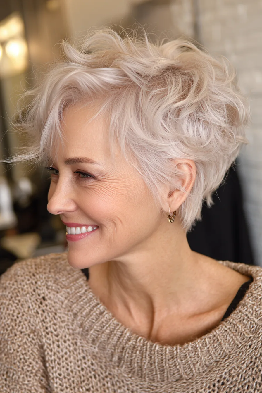 18. Feathered Pixie in Pearl Blonde (Short Haircuts For Women Over 50 With Wavy Hair) - Short Haircuts For Women Over 50 With Wavy Hair
