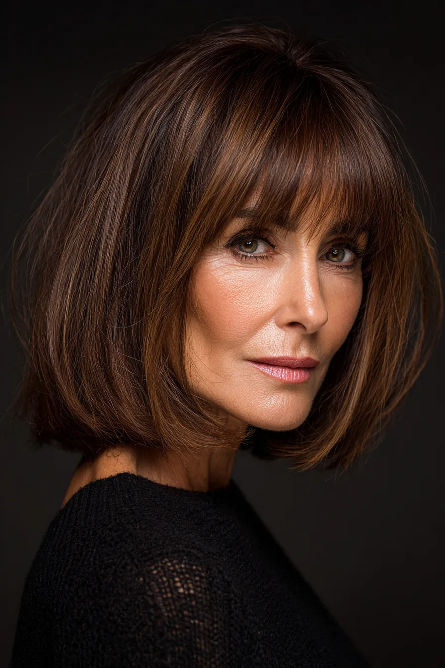 18. Rounded Layered Cut with Straight Bangs in Warm Mocha Brown (Medium Length Hairstyles For Women Over 60 With Bangs) - Medium Length Hairstyles For Women Over 60 With Bangs