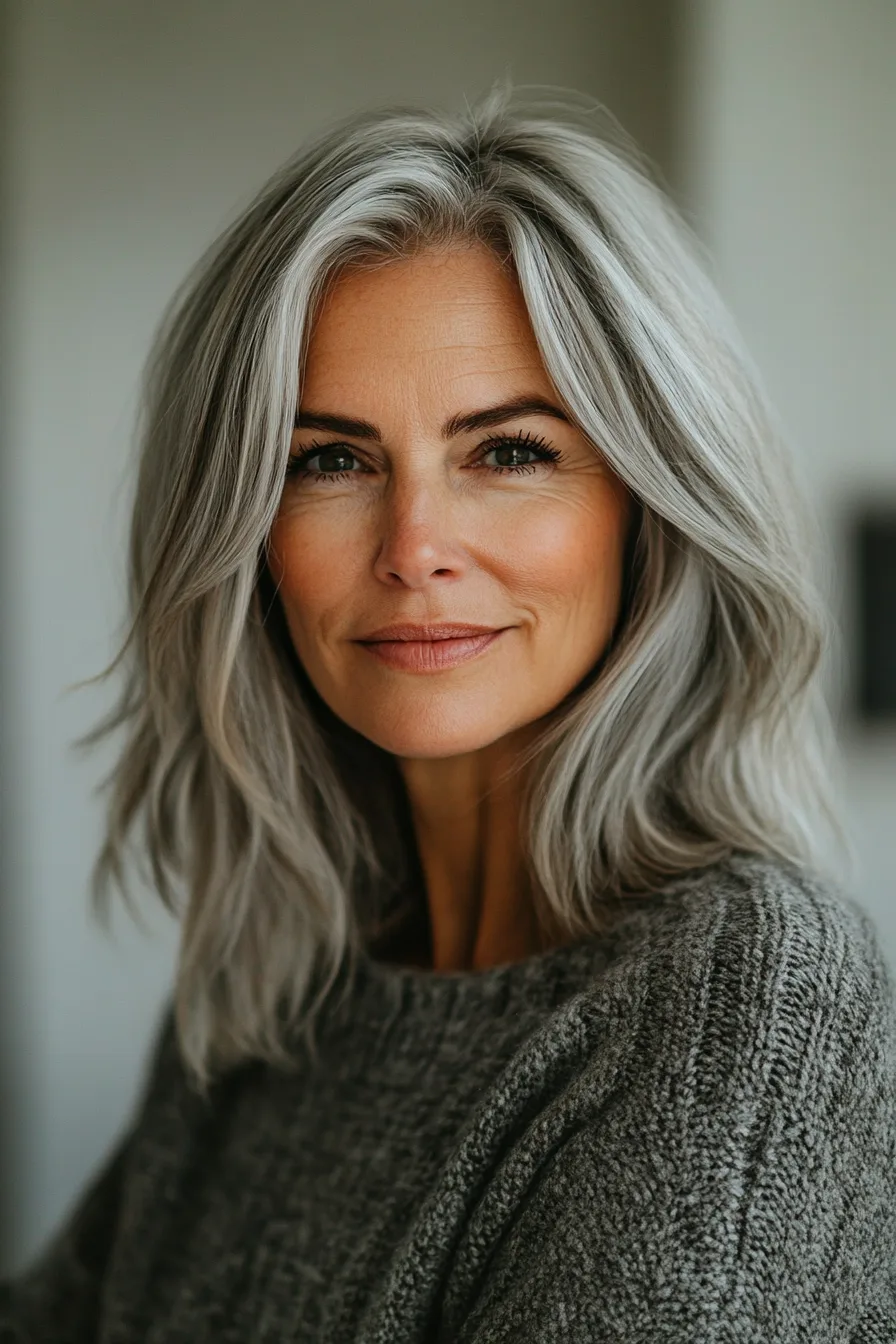 18. Salt and Pepper Angled Blunt Cut (Blunt Haircuts For Women Over 60) - Blunt Haircuts For Women Over 60
