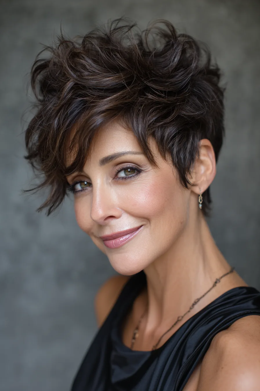 18. Sculpted Pixie with Cool Espresso Tone (Short Messy Hairstyles For Women Over 50) - Short Messy Hairstyles For Women Over 50