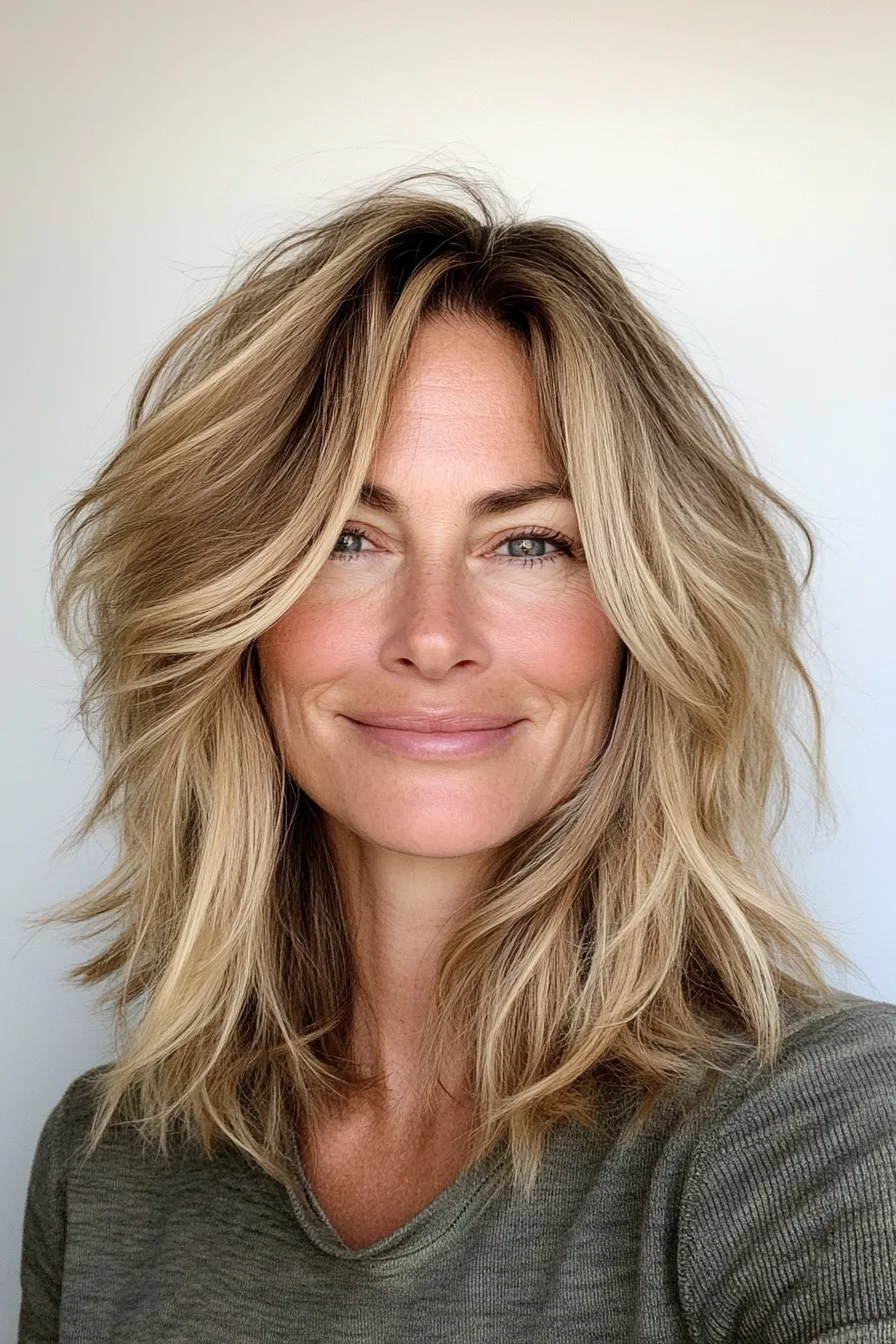 18. Side-Parted Shag in Soft Golden Blonde (Easy Haircuts For Women Over 40) - Easy Haircuts For Women Over 40