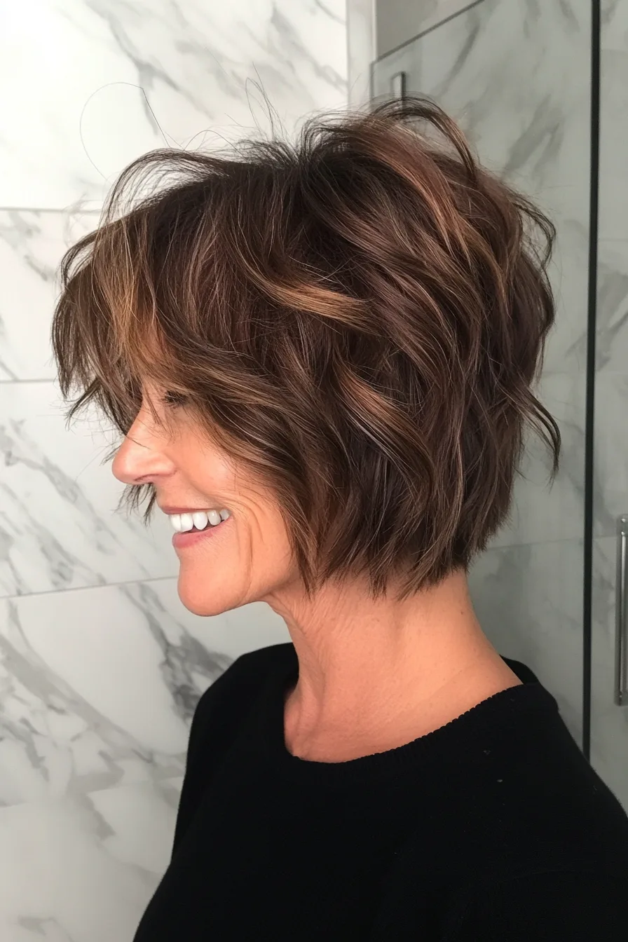 19. Asymmetrical Wispy Bob in Earthy Brunette (Short Wispy Haircuts Older Women) - Short Wispy Haircuts Older Women