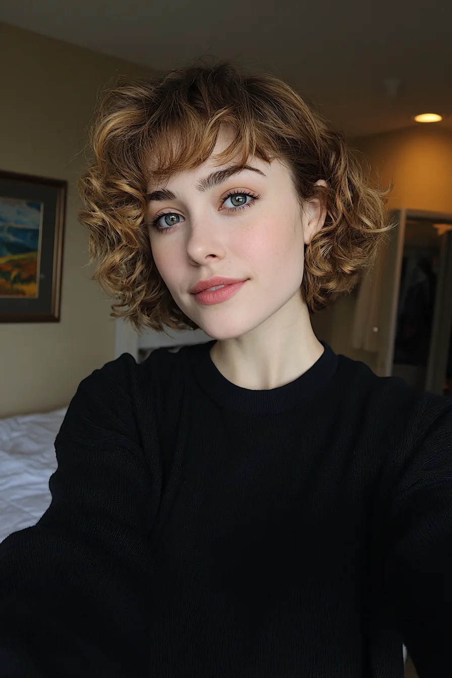 19. Golden Brunette Bouncy Short Bob (Short Curled Hairstyles) - Short Curled Hairstyles