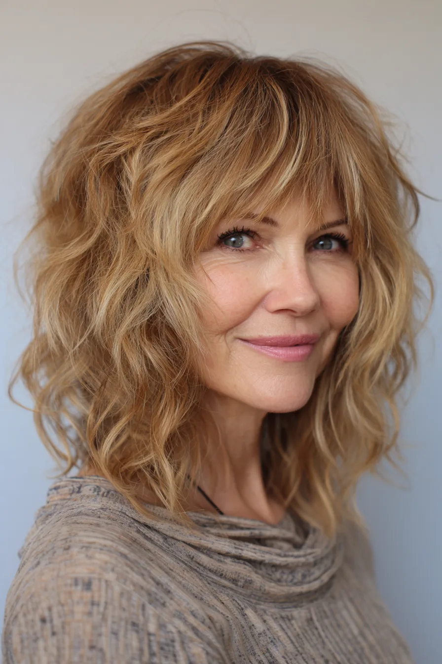 19. Grown-Out Shag with Light Bangs in Dark Honey Blonde (Medium Length Hairstyles For Women Over 60 With Bangs) - Medium Length Hairstyles For Women Over 60 With Bangs